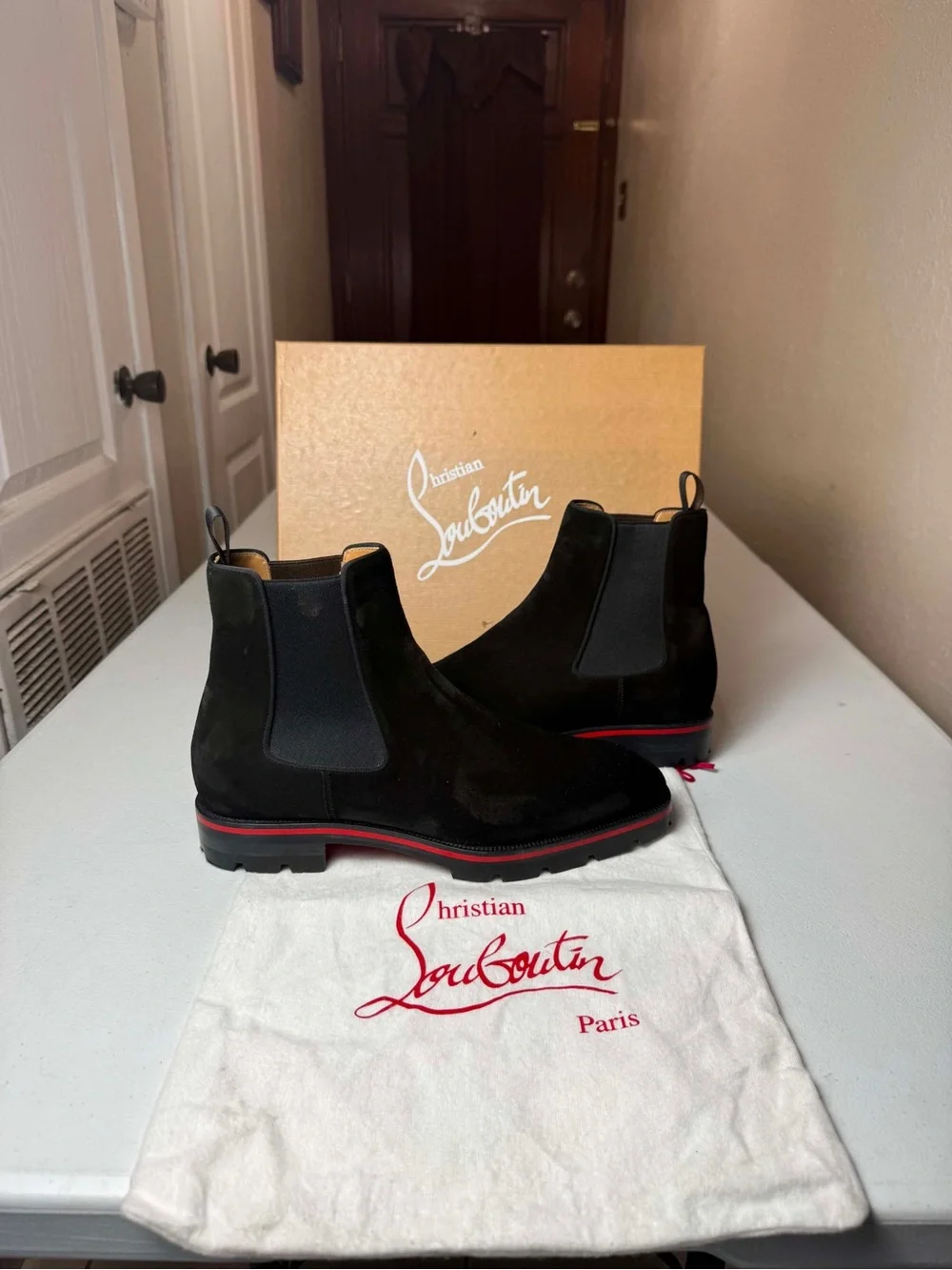 CHRISTIAN LOUBOUTIN Red bottom Chelsea black suede boot Sz 41.5 / 8.5